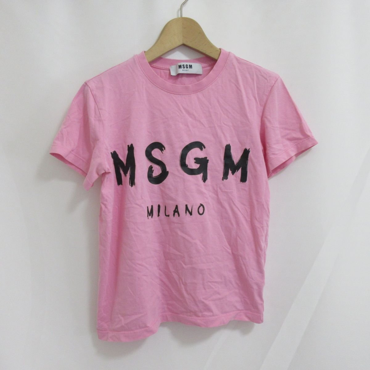 美品 MSGM エムエスジーエム ロゴプリント クルーネック 半袖 Tシャツ カットソー XS ピンク 091_画像1