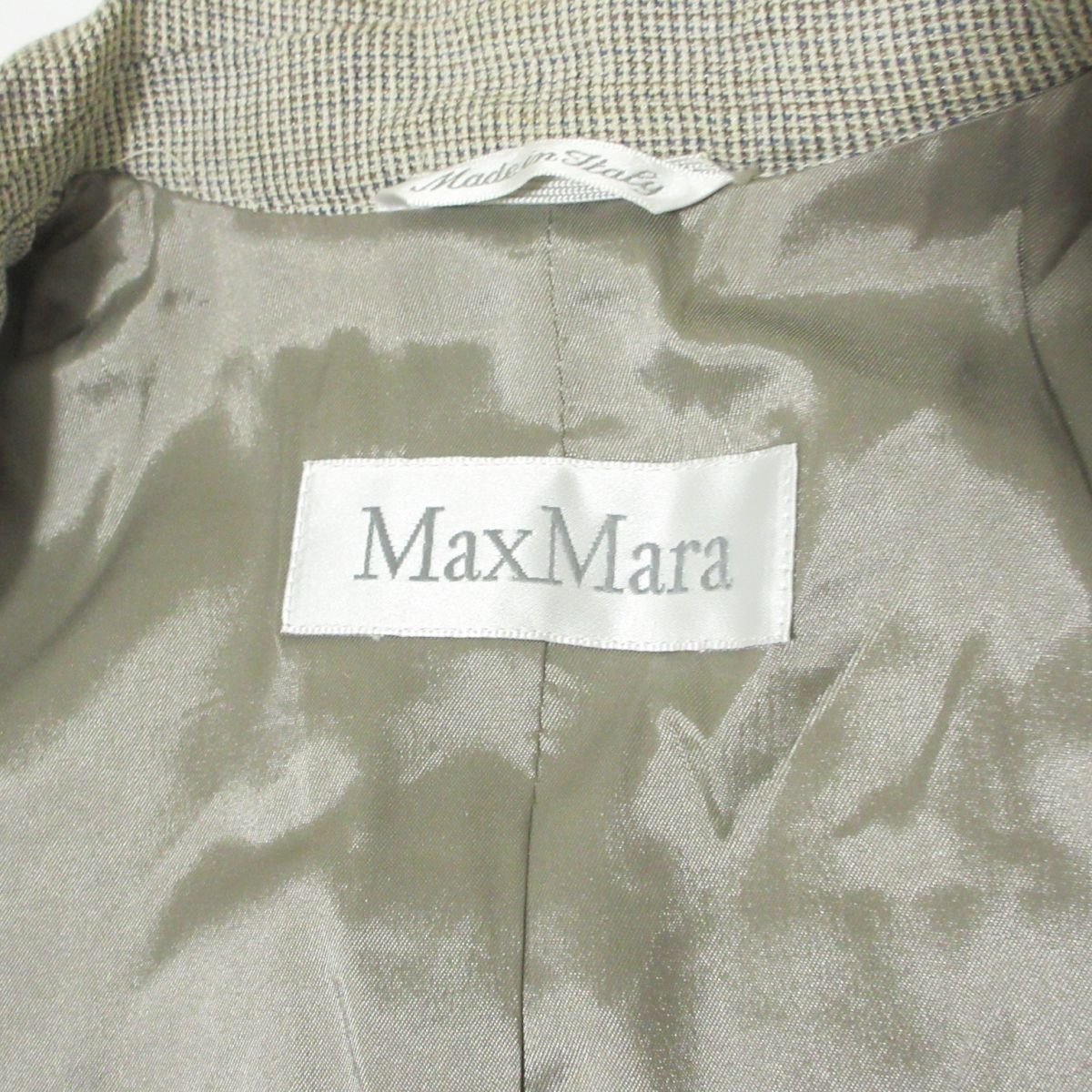 良品 Max Mara マックスマーラ チェック柄 シルク×リネンブレンド シングル テーラードジャケット 36 ベージュ系 901の画像3