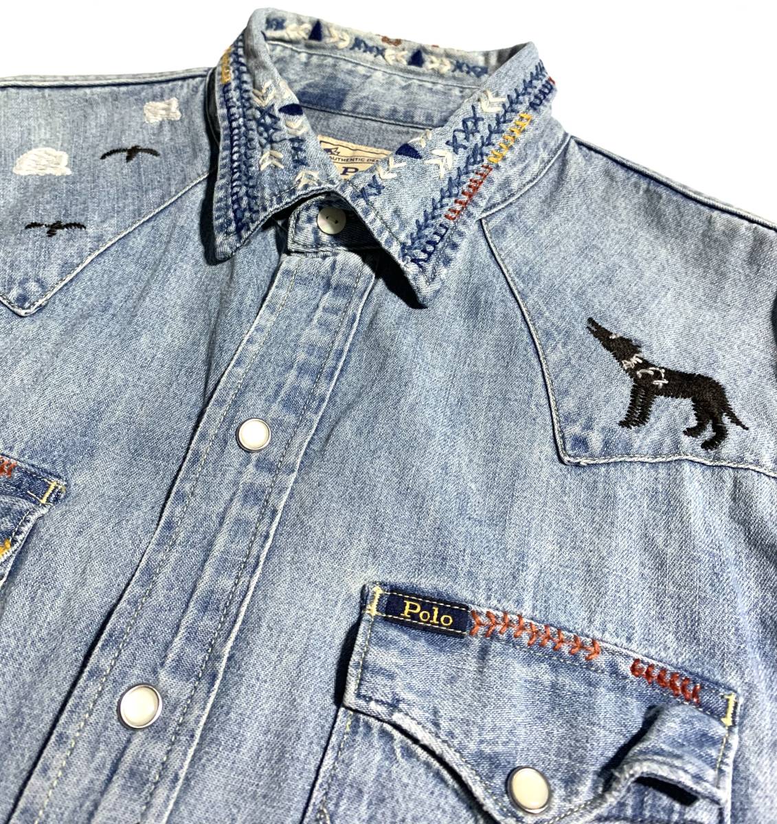 極希少【定価5万】Polo Ralph Lauren ポロ ラルフローレン 刺繍 デニムウエスタンシャツ M (L相当) ユーズド加工 メンズ 送料520円 最高級_画像3