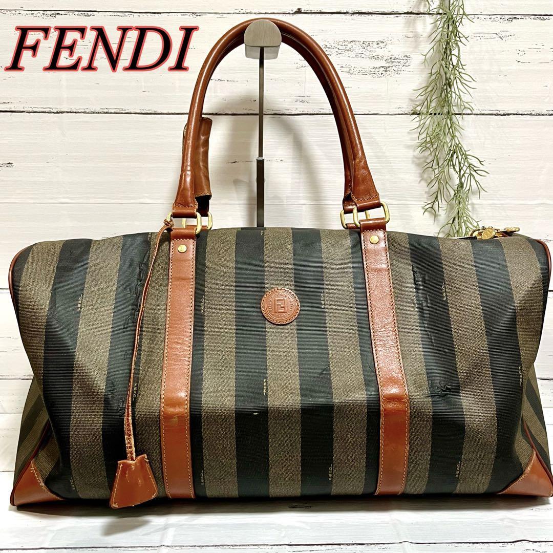 大容量FENDI フェンディ ボストンバッグ 鞄 ペカン柄 PVC ストライプ