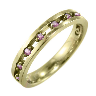 ピンクトルマリン 平らな指輪 10月の誕生石 18金イエローゴールド 9ピース