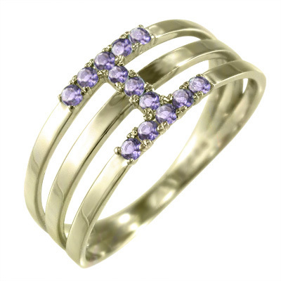 アメシスト(紫水晶) 指輪 10金イエローゴールド 2月の誕生石 三連
