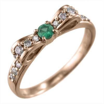 18kピンクゴールド 指輪 エメラルド ダイヤモンド 5月の誕生石 リボン ギフト