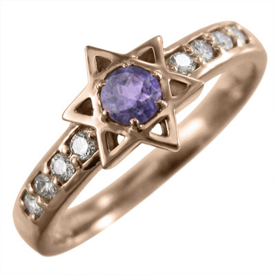 18金ピンクゴールド リング 六芒星 2月の誕生石 アメシスト(紫水晶) ダイアモンド