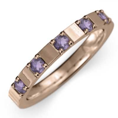 10金ピンクゴールド 平らな指輪 5石 アメシスト(紫水晶) 2月誕生石
