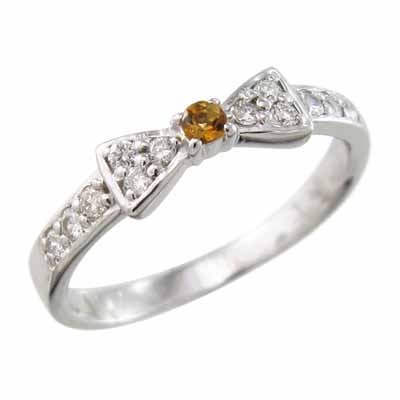 シトリン(黄水晶) 天然ダイヤモンド 指輪 リボン ギフト 1粒 石 11月誕生石 k10ホワイトゴールド_画像1