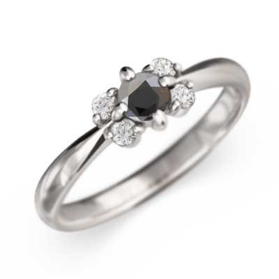 白金（プラチナ）900 指輪 花 フラワー 5石 4月の誕生石 ブラックダイヤモンド(黒ダイヤ)