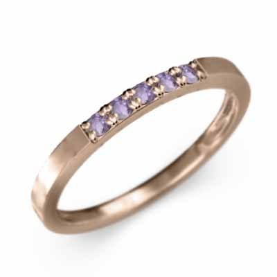 平らな指輪 ハーフ エタニティ 指輪 5石 細身 指輪 アメジスト(紫水晶) 2月誕生石 ピンクゴールドk10 幅約1.7mmリング 細め