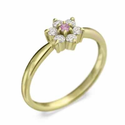 指輪 フラワー 花 ピンクサファイヤ 天然ダイヤモンド 18金イエローゴールド