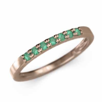 平らな指輪 ハーフ エタニティ 指輪 細身 指輪 エメラルド 5月誕生石 k10ピンクゴールド 幅約1.7mmリング 細め
