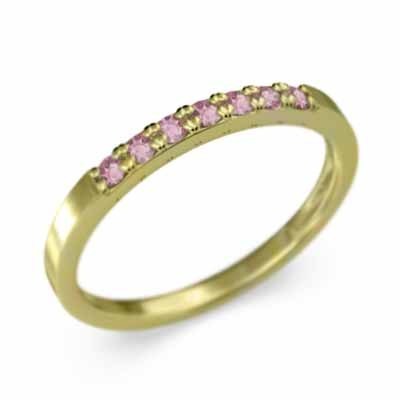 18kイエローゴールド 平らな指輪 ハーフ エタニティ 指輪 細身 指輪 ピンクトルマリン 幅約1.7mmリング 細め
