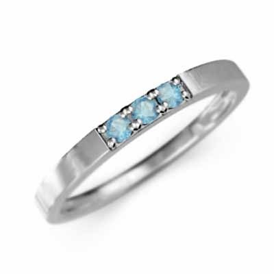ブルートパーズ(青) 平らな指輪 3石 細身 指輪 ホワイトゴールドk10 11月誕生石 幅約2mmリング 少し細め