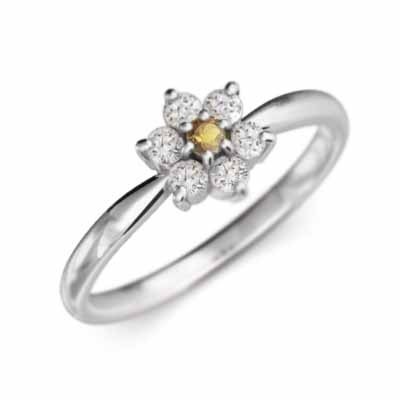 指輪 シトリン(黄水晶) 天然ダイヤモンド Flower フラワー k18ホワイトゴールド 11月誕生石