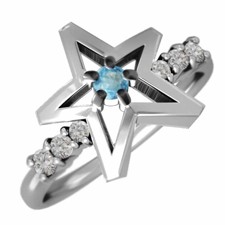 k10ホワイトゴールド リング ブルートパーズ(青) 天然ダイヤモンド 11月の誕生石 スター デザイン