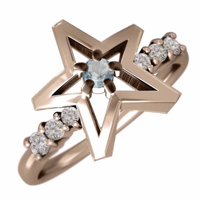 リング スター デザイン アクアマリン 天然ダイヤモンド 3月誕生石 k10ピンクゴールド