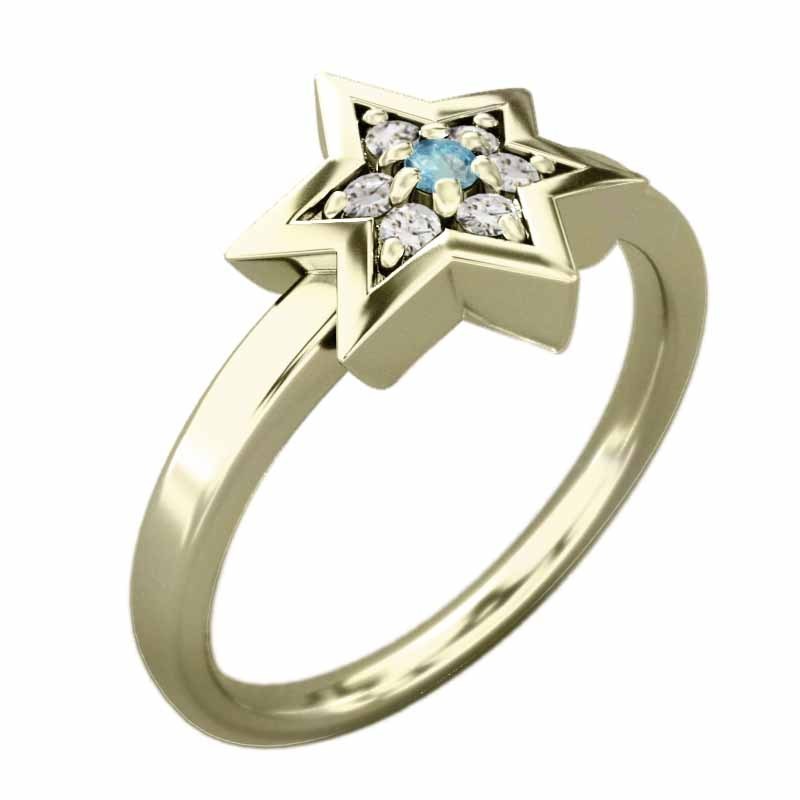 指輪 ダビデの星 ブルートパーズ(青) 天然ダイヤモンド k10イエローゴールド 六芒星小サイズ