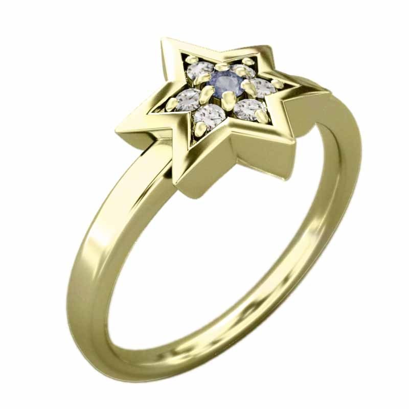 18金イエローゴールド ダビデの星 指輪 タンザナイト 天然ダイヤモンド 六芒星小サイズ