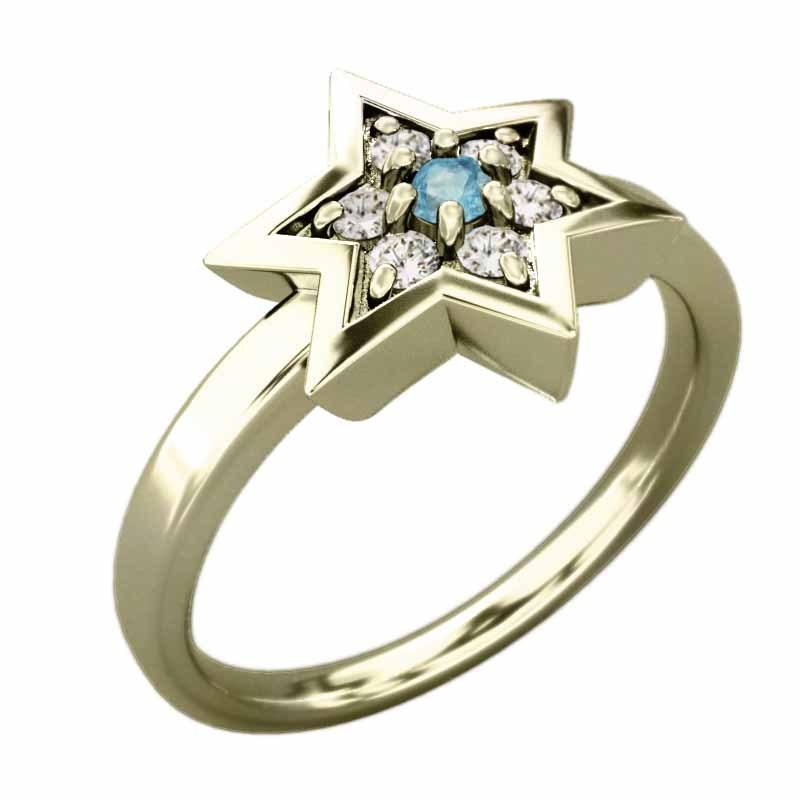 流行 ブルートパーズ 天然ダイヤモンド 指輪 六芒星 11月誕生石 k10