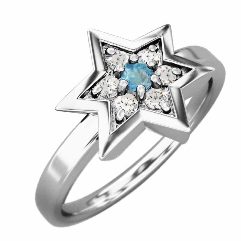 ブルートパーズ(青) 天然ダイヤモンド 指輪 六芒星 18kホワイトゴールド 11月誕生石 六芒星中サイズ