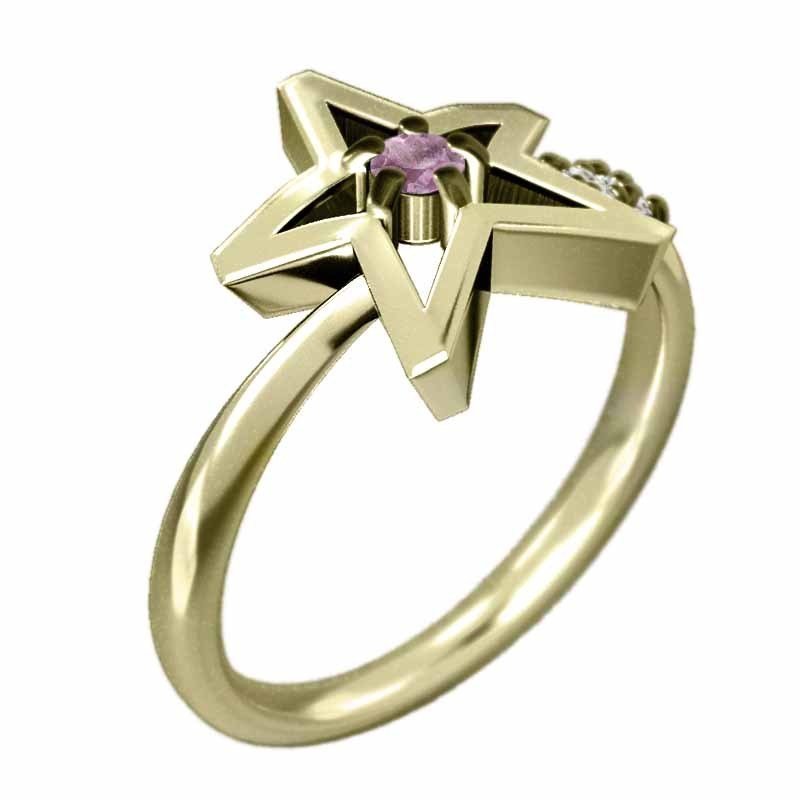 18kイエローゴールド 指輪 Star スター 9月の誕生石 ピンクサファイヤ ダイヤモンド