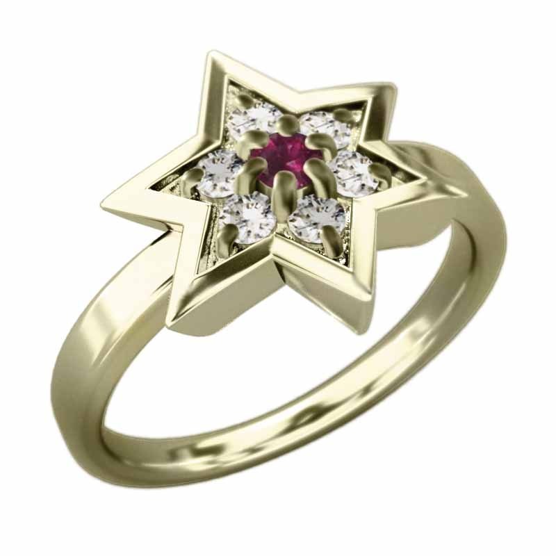 指輪 10kイエローゴールド 六芒星 ルビー 天然ダイヤモンド 7月誕生石 六芒星大サイズ