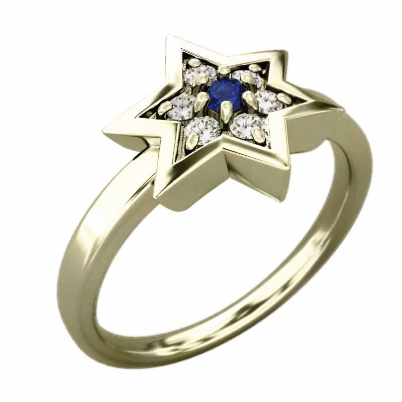 指輪 ブルーサファイア 天然ダイヤモンド ダビデ 星 k10イエローゴールド 9月の誕生石 六芒星中サイズ