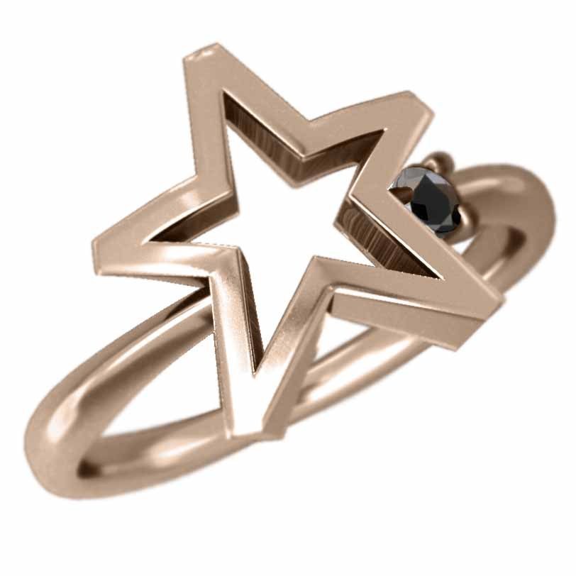 新品即決 指輪 18金ピンクゴールド 星 デザイン 1粒 石 ブラックダイアモンド 4月誕生石 ゴールド