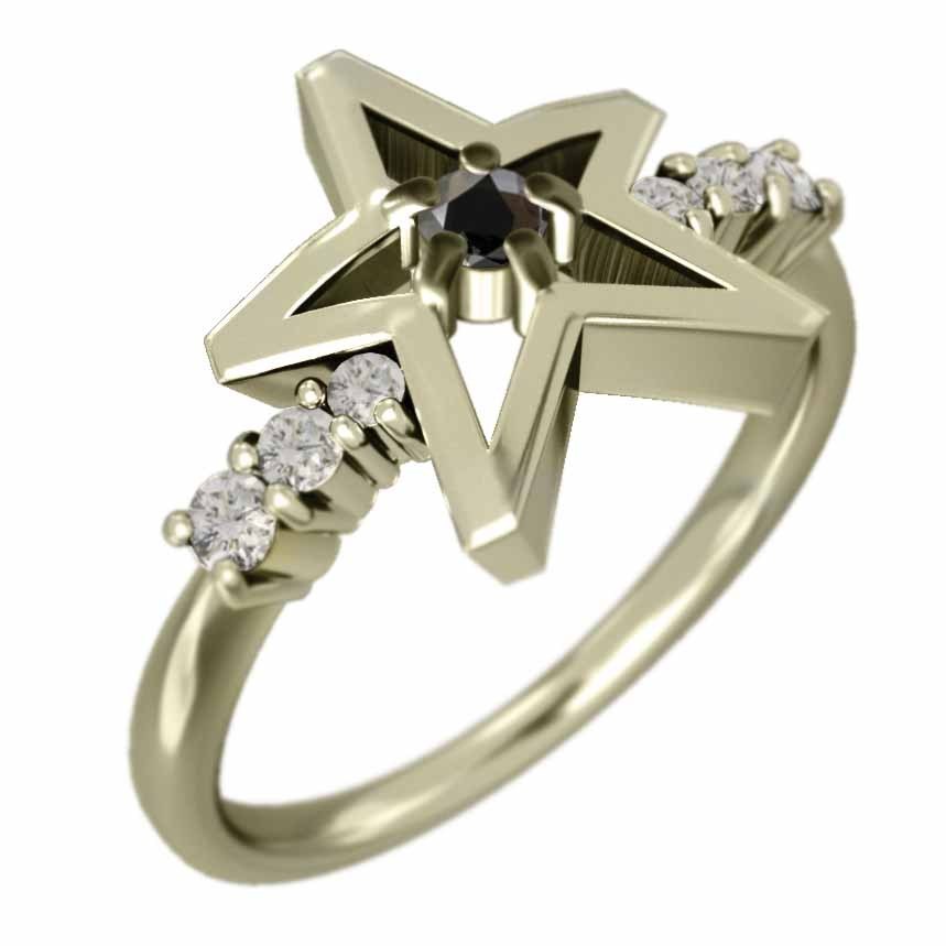 リング スター デザイン ブラックダイアモンド 天然ダイヤモンド k10イエローゴールド 4月誕生石