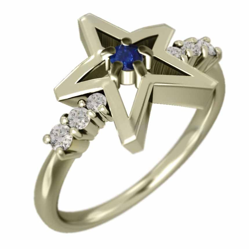 サファイア(青) 天然ダイヤモンド 指輪 スター ヘッド k10イエローゴールド 9月誕生石