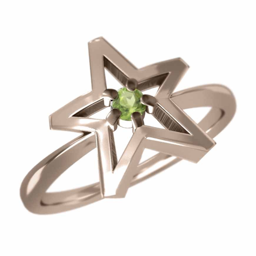 新年の贈り物 指輪 星 デザイン 1粒 石 ペリドット ピンクゴールド