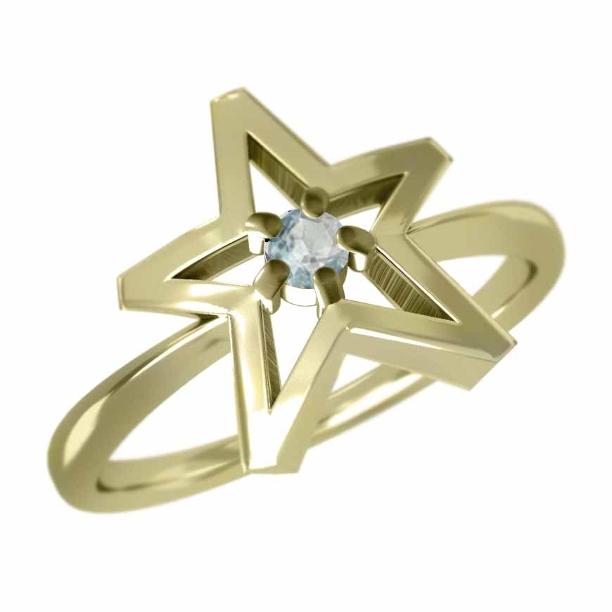 高品質 スター Star アクアマリン 指輪 1粒 3月の誕生石 18金イエロー