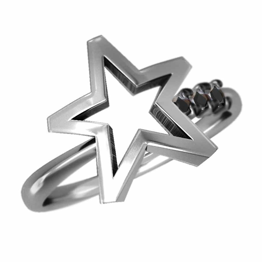 10kホワイトゴールド リング スリーストーン ブラックダイヤモンド(黒ダイヤ) 4月の誕生石 スター デザイン