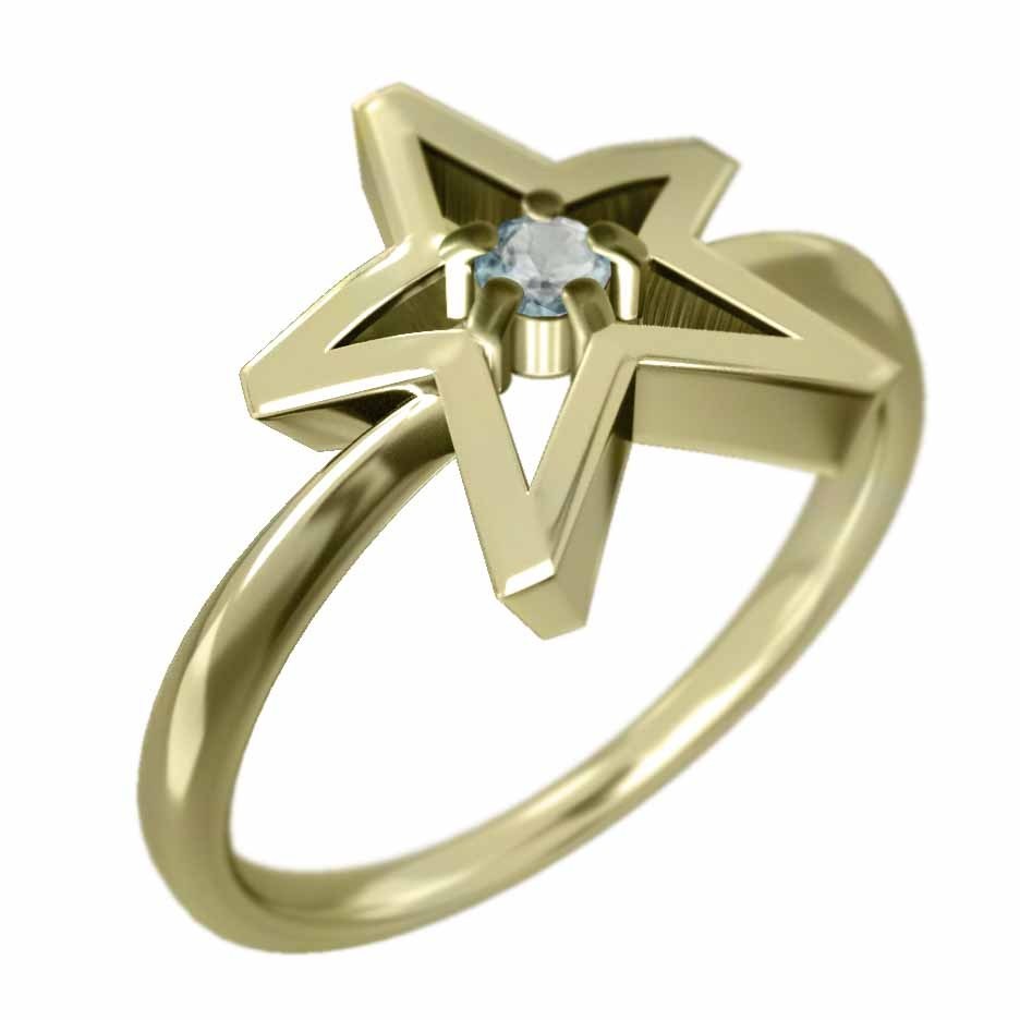 高品質 スター Star アクアマリン 指輪 1粒 3月の誕生石 18金イエロー