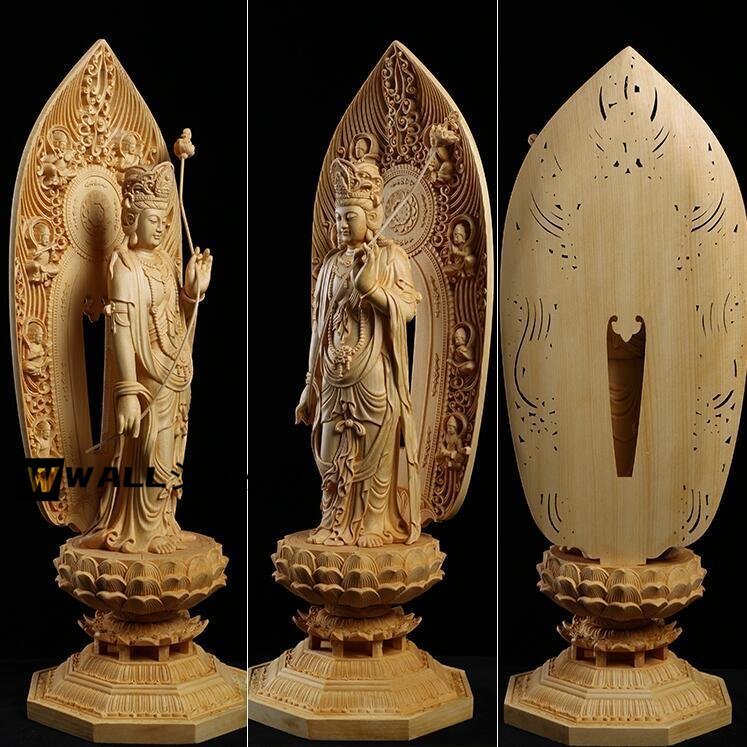 総檜材　仏教工芸品　木彫仏教　精密彫刻　極上品　仏師で仕上げ品　月光観音菩薩立像 高43.0cm_画像5