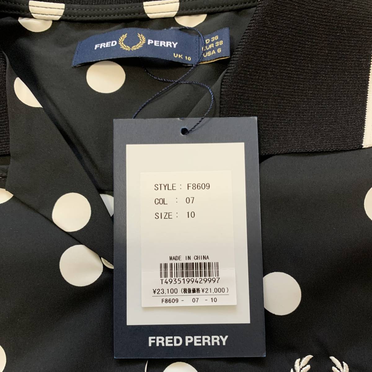 新品 FRED PERRY フレッドペリー ドット柄 シャツドレス ワンピース サイズ10 Mサイズ オーバーサイズ 黒白 紙タグ付き_画像9