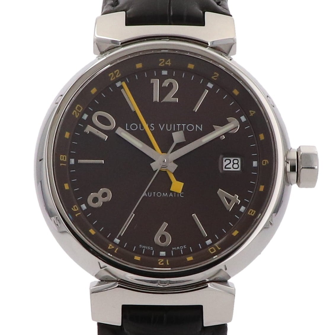 ルイ・ヴィトン Louis Vuitton タンブール GMT Q1131 腕時計 SS レザー 自動巻き ブラウン メンズ 【中古】