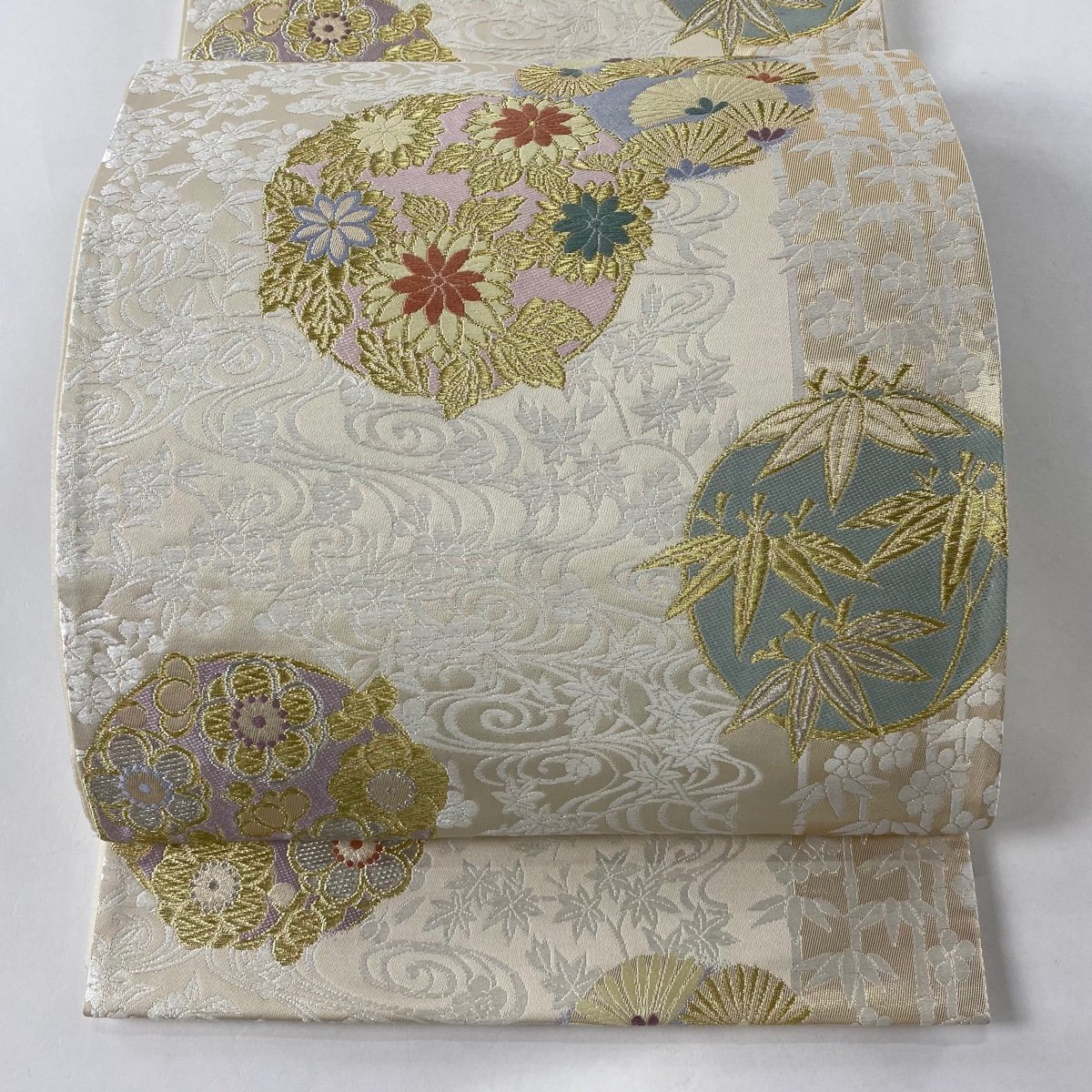 贈り物 箔 金銀糸 花丸文 秀品 美品 袋帯 ベージュ 【中古】 正絹 六通