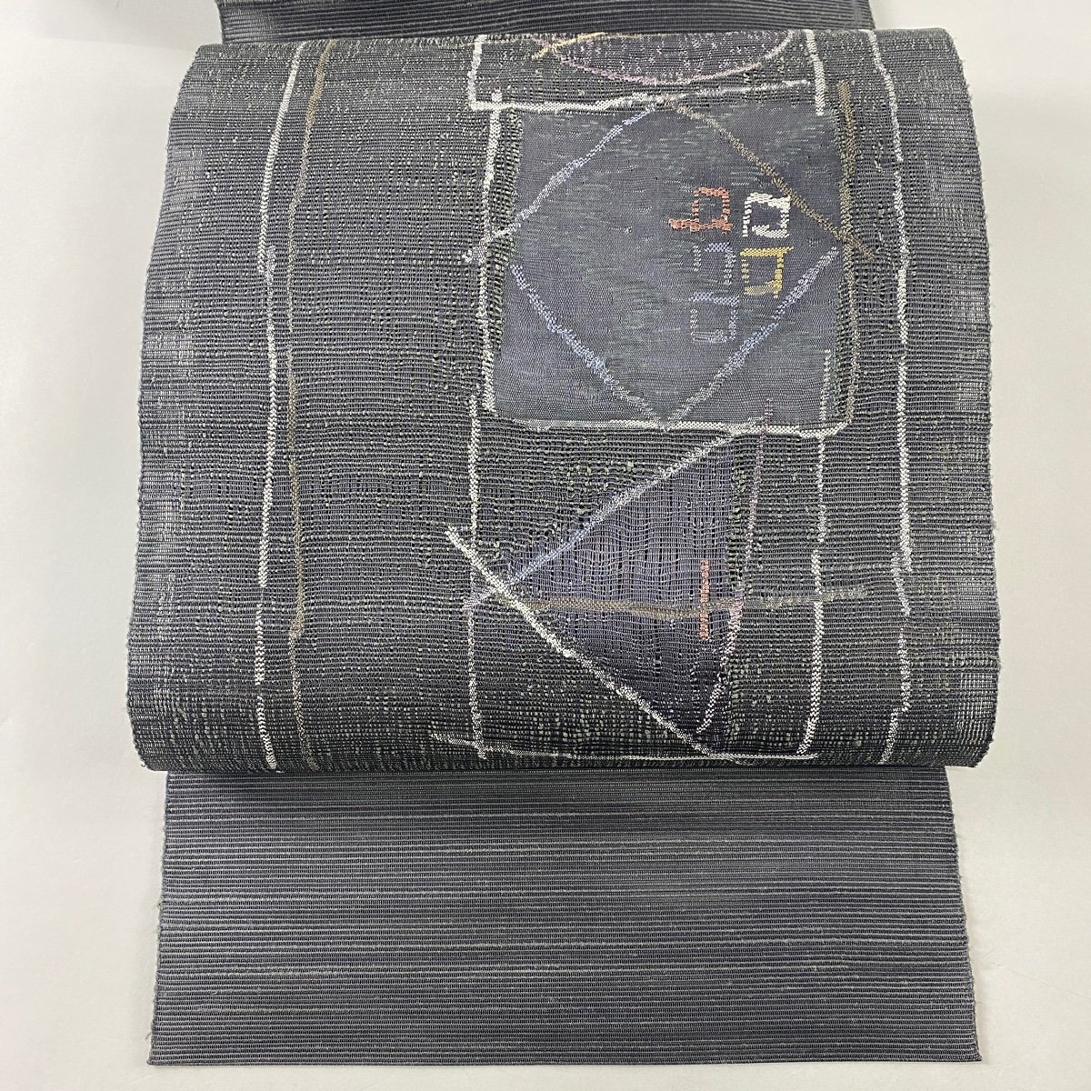 最安 名古屋帯 名品 【中古】 正絹 灰色 幾何学 松葉仕立て 八寸名古屋