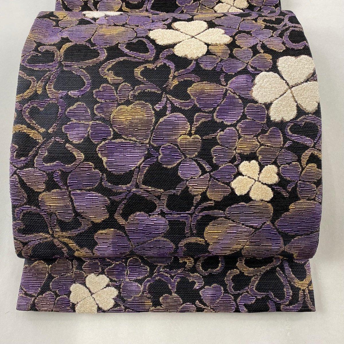 袋帯 美品 逸品 幸運の訪れ やまと クローバ 箔 紫 六通 正絹 【中古】