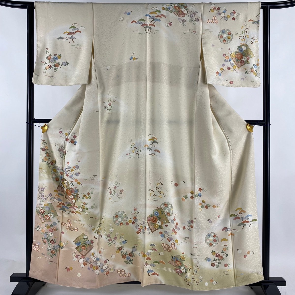 訪問着 身丈158.5cm 裄丈61cm S 袷 冊子 草花 金糸 金彩 ベージュ 正絹