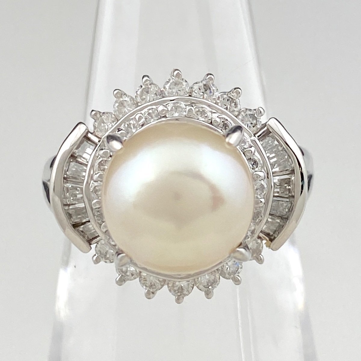 絶妙なデザイン pt900 真珠 8㎜玉 8号 リング ダイヤ パール 指輪 900