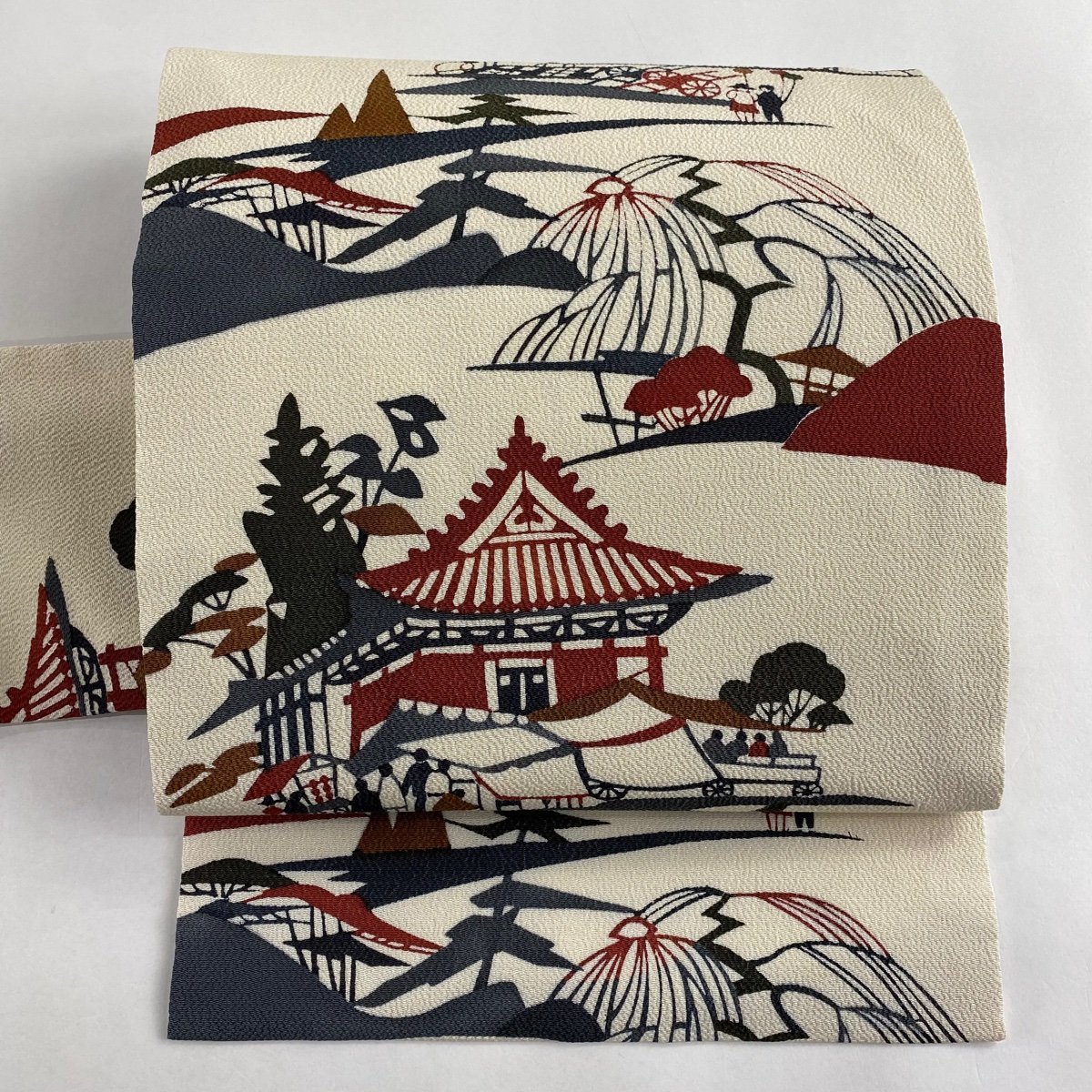名古屋帯 美品 秀品 風景 建物 縮緬 ベージュ 正絹-