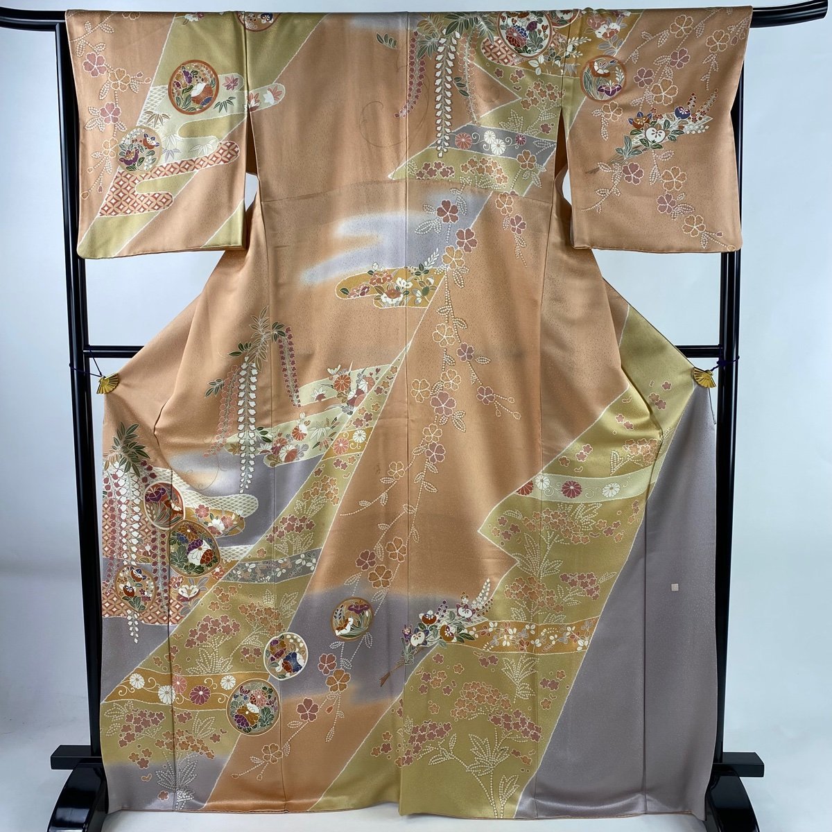 おすすめ ピンク 金彩 ヱ霞 草花 落款 袷 M 裄丈66.5cm 身丈169cm 訪問