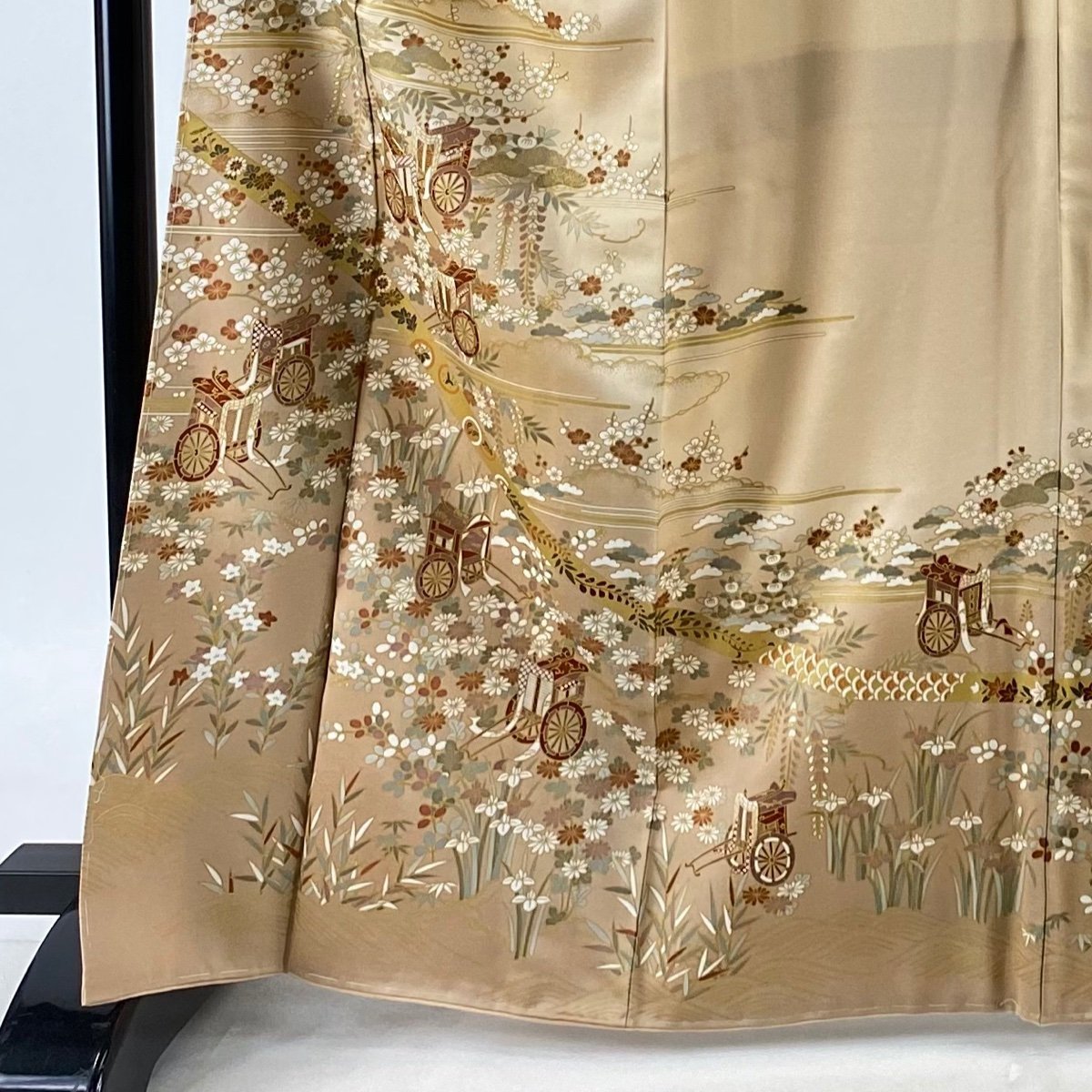 FO12 着物 袷 正絹 訪問着 朱鷺色地 桜藤菊流水文 風景文様 裄丈66.5cm 