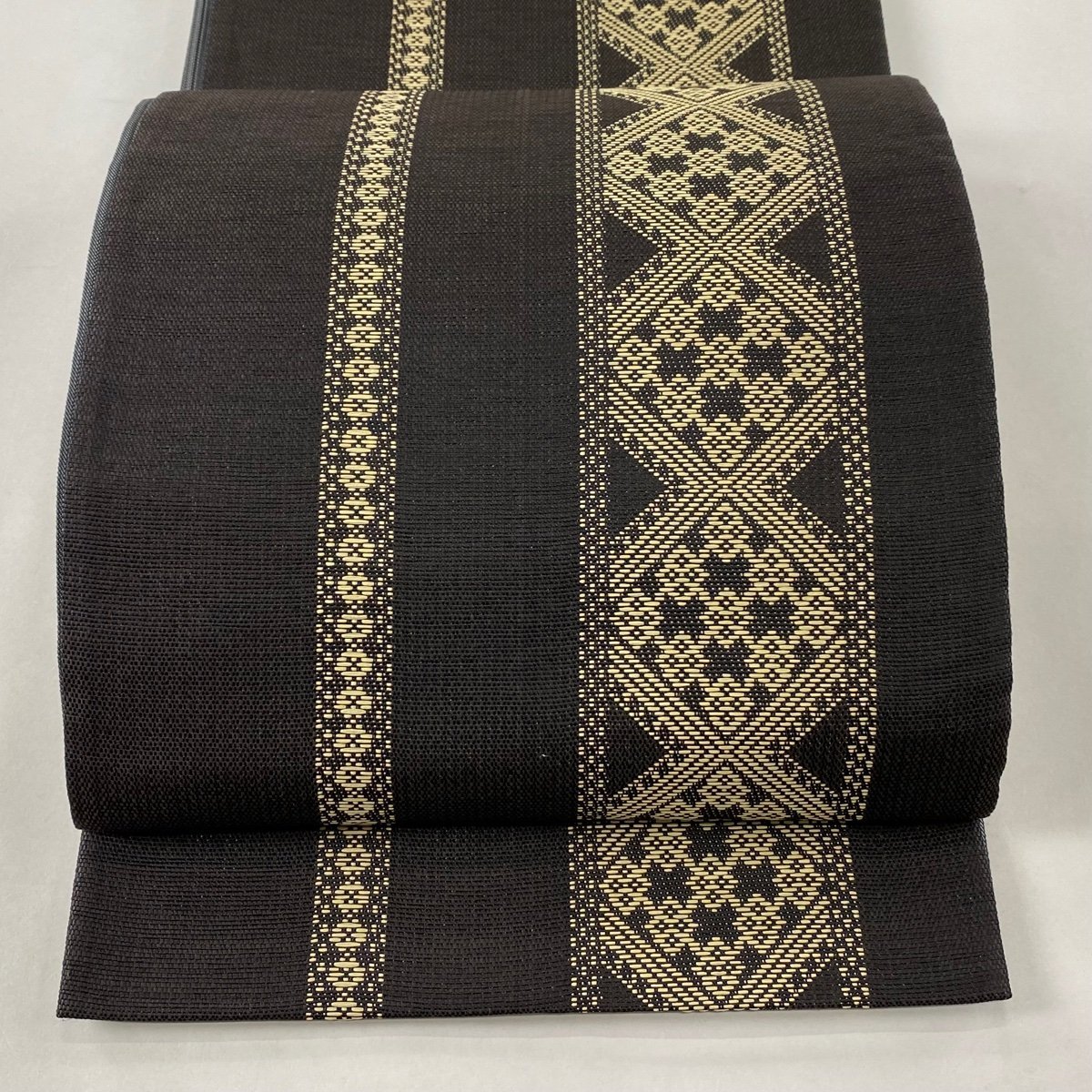 保存版】 逸品 袋帯 縦縞 【中古】 正絹 全通 茶色 菱 仕立て上がり