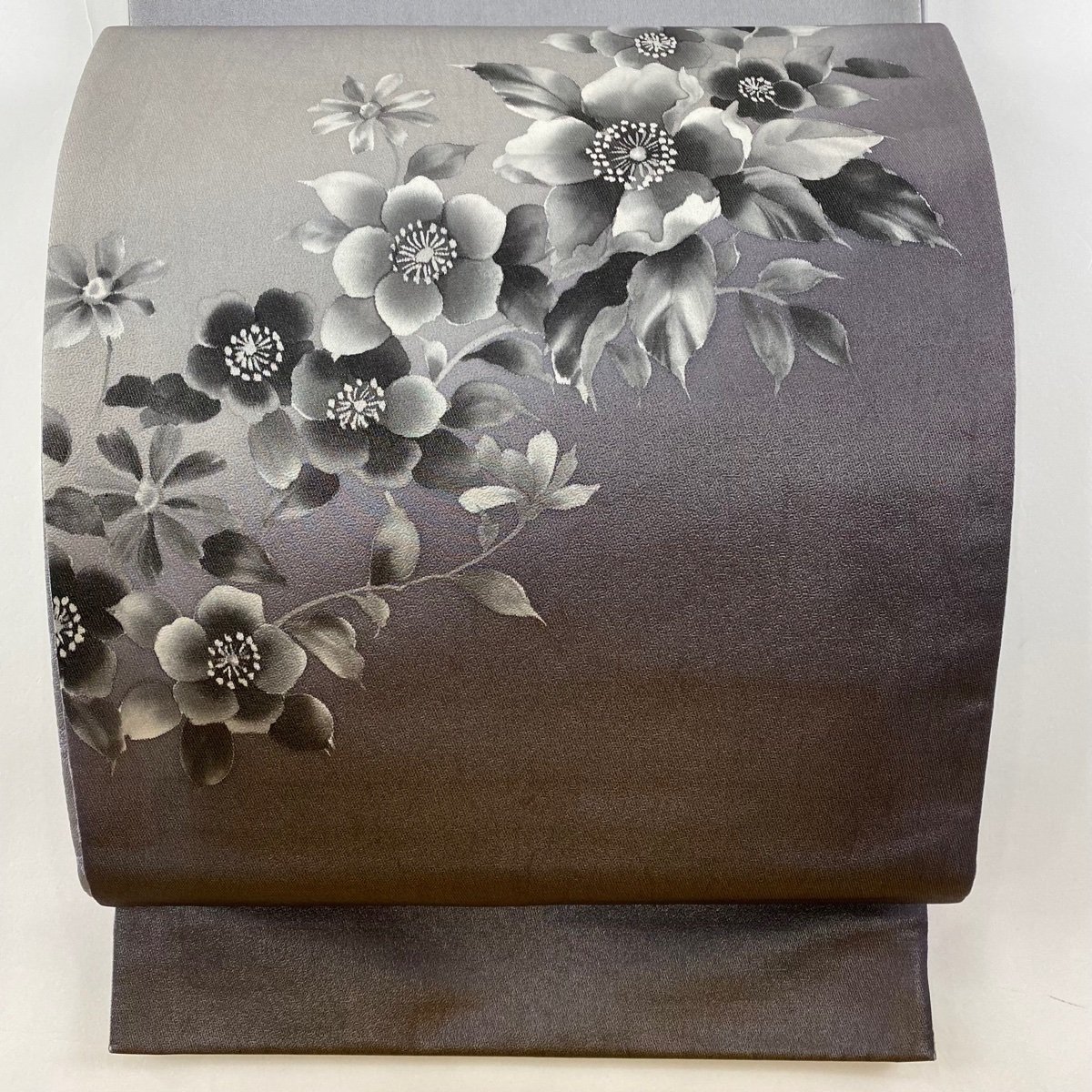 正規通販 袋帯 秀品 【中古】 正絹 お太鼓柄 灰紫 箔 ぼかし 草花