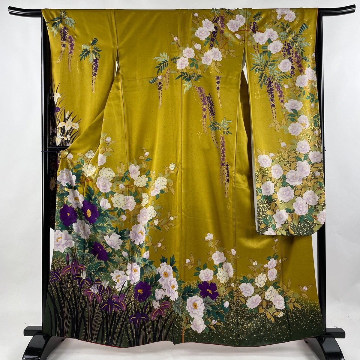 振袖 身丈162.5cm 裄丈67cm M 袷 草花 椿 金彩 からし色 正絹 美品 名品-