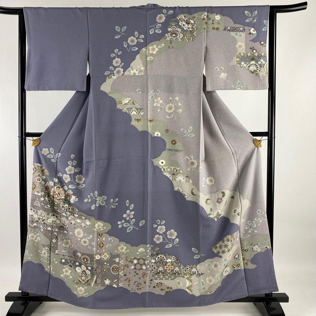 訪問着 名品 草花 梅 金糸 金銀彩 灰紫 袷 身丈160.5cm 裄丈64cm M 正絹-