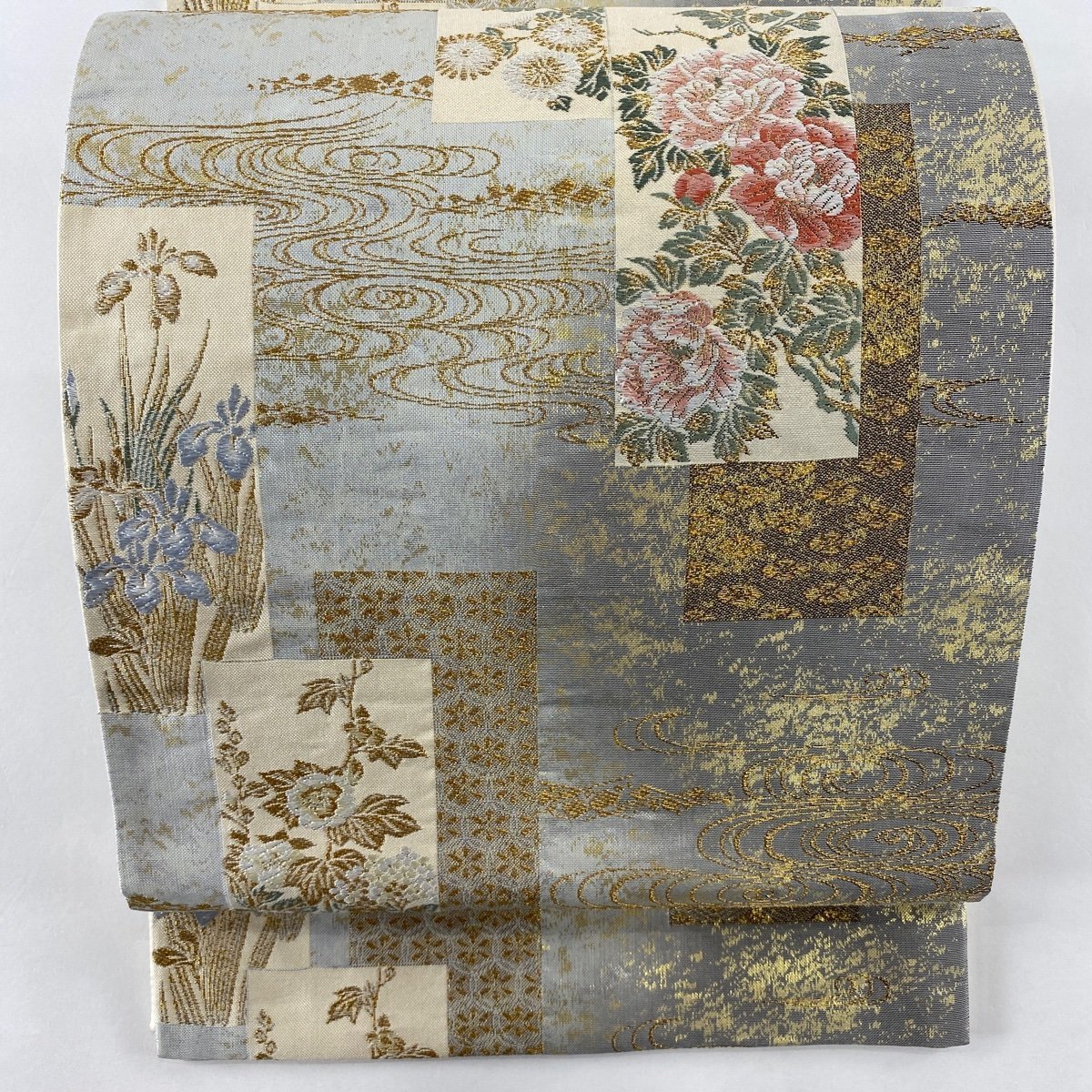 大人気の 美品 袋帯 秀品 【中古】 正絹 六通 銀色 金糸 箔 草花 短冊