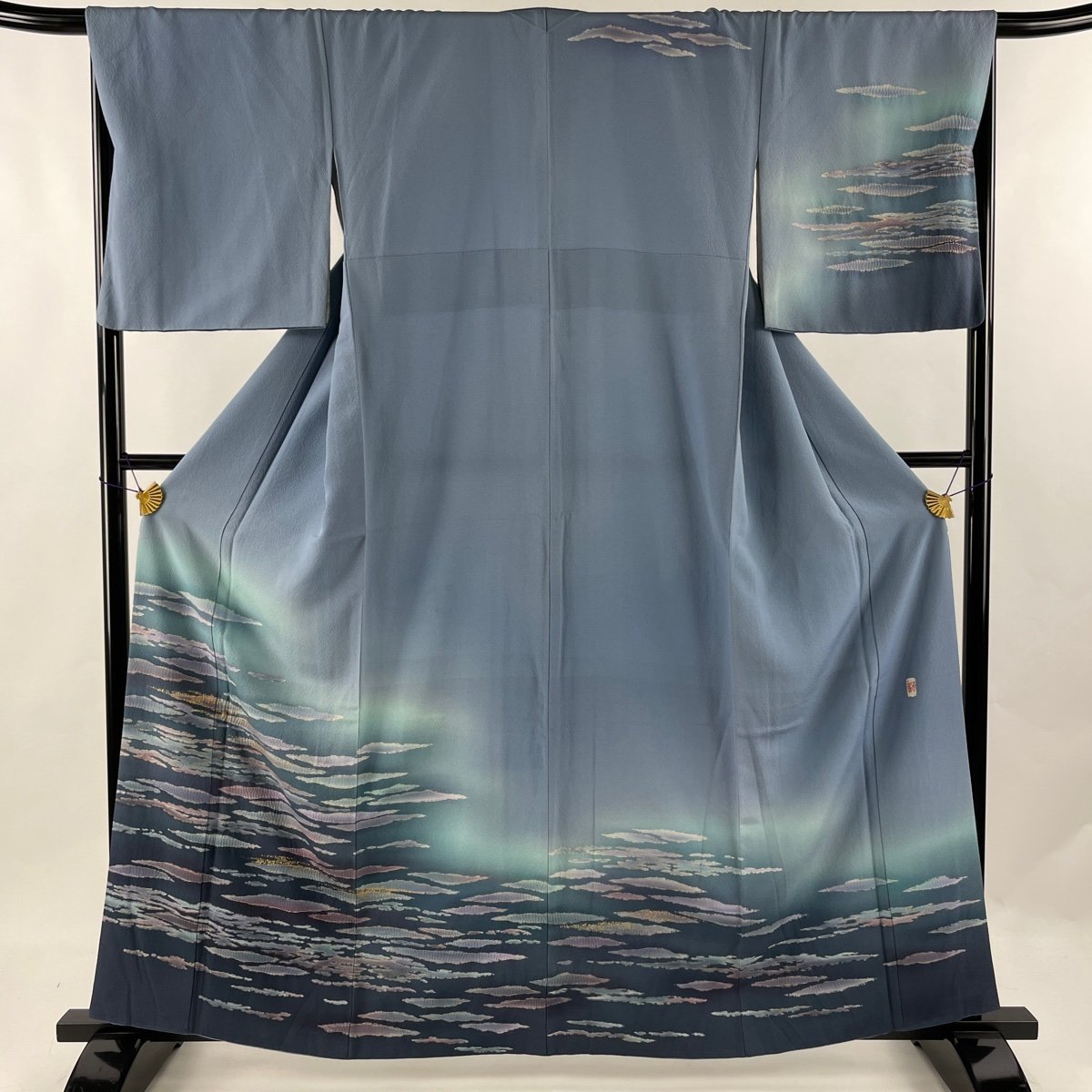 100%本物 訪問着 身丈161cm 【中古】 名品 正絹 青灰色 絞り 金彩 霞